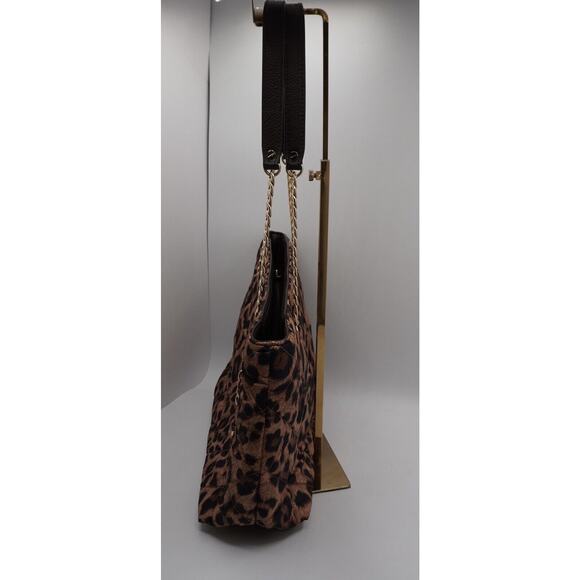 Michael Kors Brown Leopard Print Satin Leather Tote Quilted Academia Chic 36-12 - Picture 7 of 16